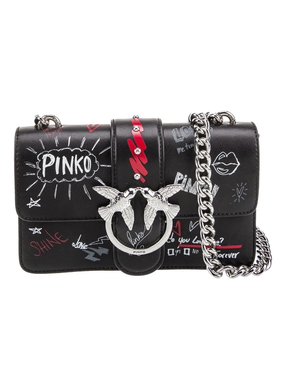 Pinko Black Graffiti Love Icon Crossbody Bag with Silver Hardware